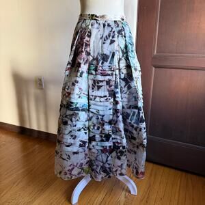 by FANG | Photo Print White Silk Gazar Pleated Midi Ball Gown Skirt | Size 38